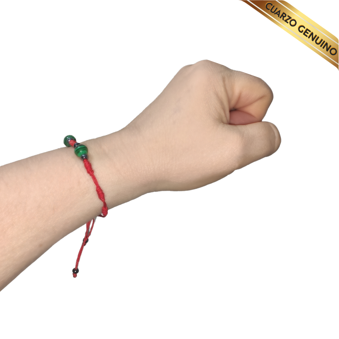 Pulsera Hilo Rojo 7 Nudos 2 Cuarzo Malaquita (6 Chaquira Negra)