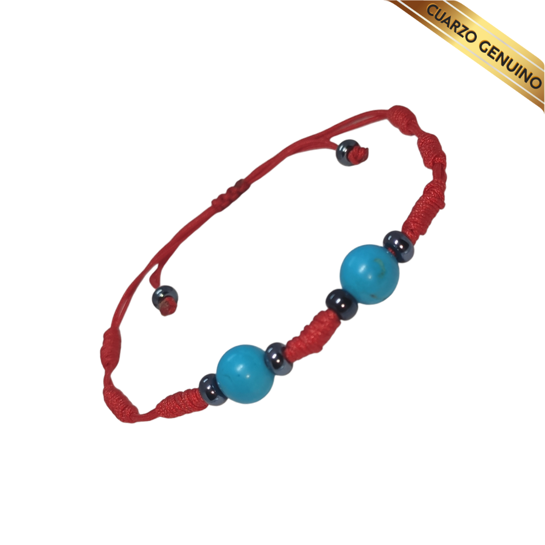 Pulsera Hilo Rojo 7 Nudos 2 Cuarzo Turquesa (6 Chaquira Negra)