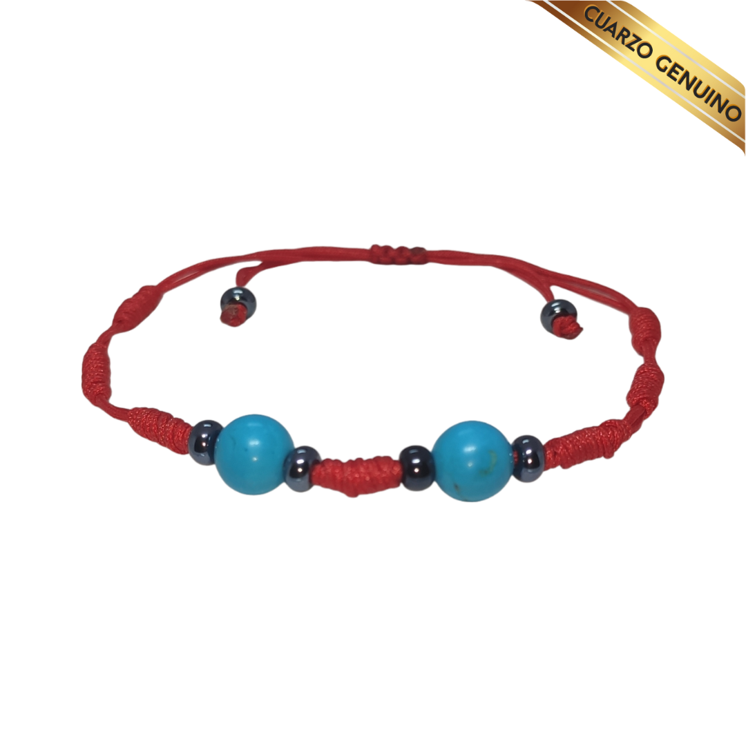Pulsera Hilo Rojo 7 Nudos 2 Cuarzo Turquesa (6 Chaquira Negra)