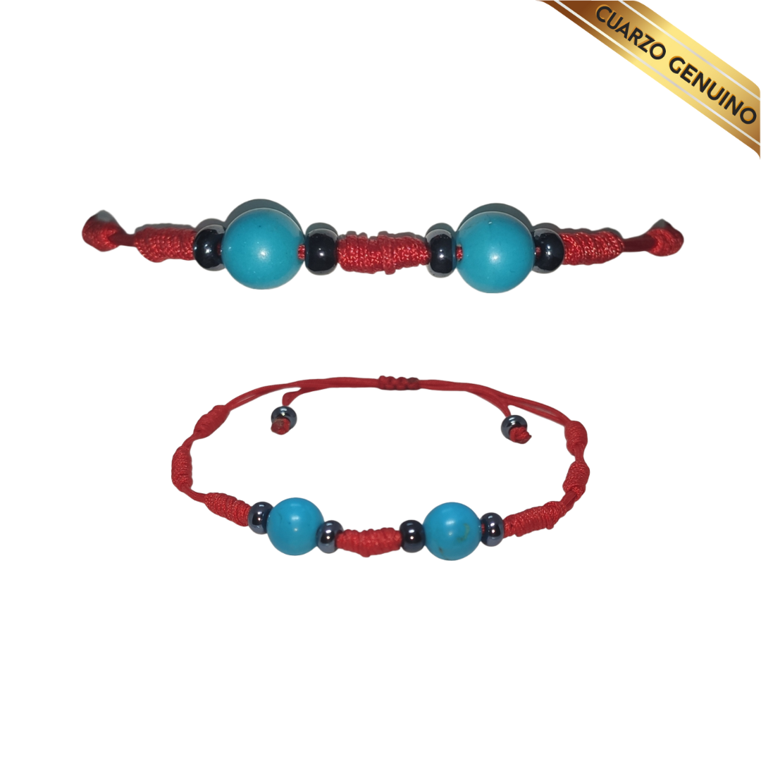 Pulsera Hilo Rojo 7 Nudos 2 Cuarzo Turquesa (6 Chaquira Negra)