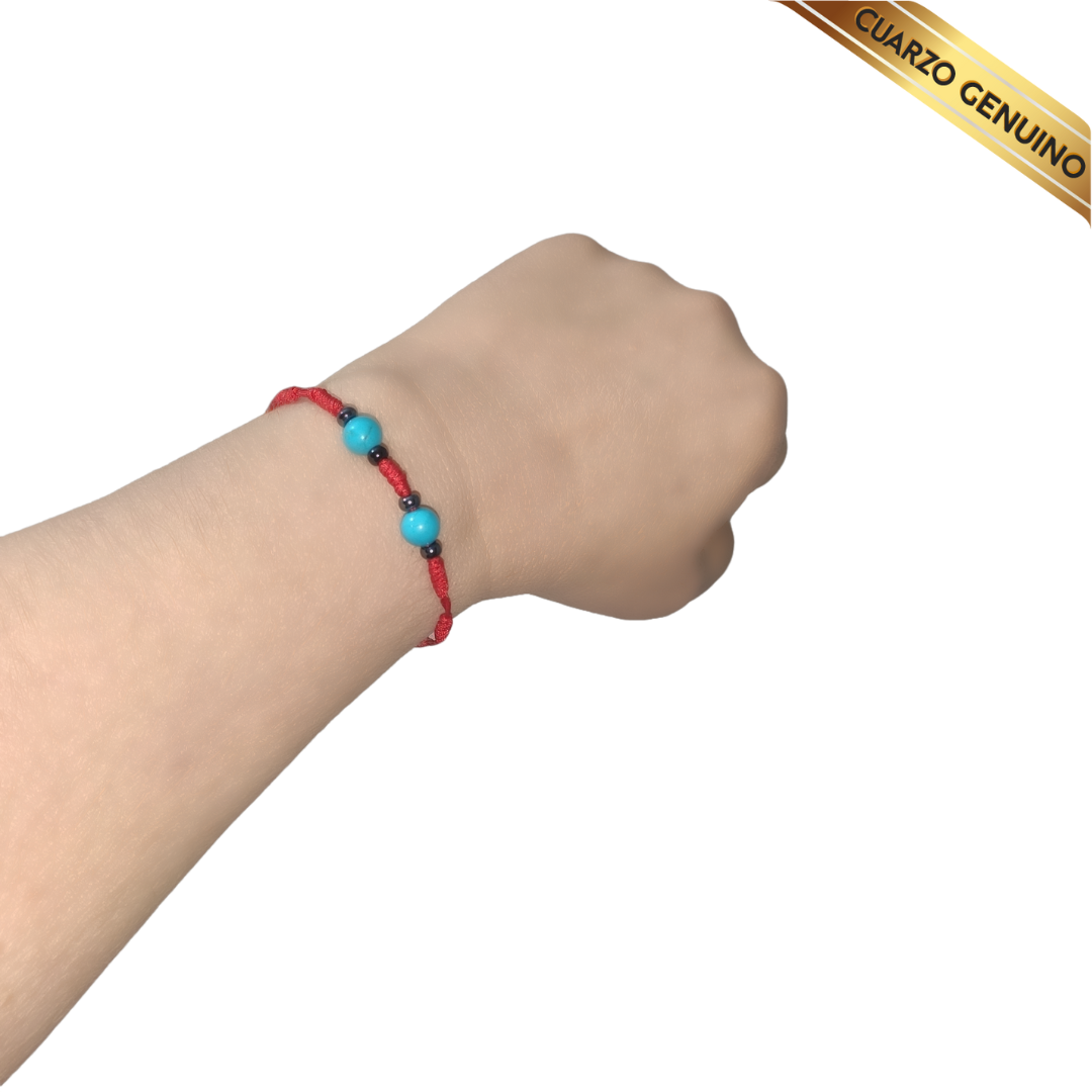 Pulsera Hilo Rojo 7 Nudos 2 Cuarzo Turquesa (6 Chaquira Negra)