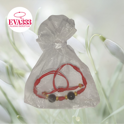 Pulsera Hilo Rojo 7 Nudos 2 Cuarzo Obsidiana Negra (6 Chaquira Dorada)