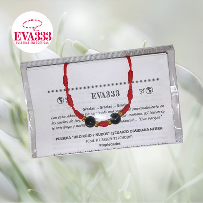 Pulsera Hilo Rojo 7 Nudos 2 Cuarzo Obsidiana Negra (6 Chaquira Dorada)