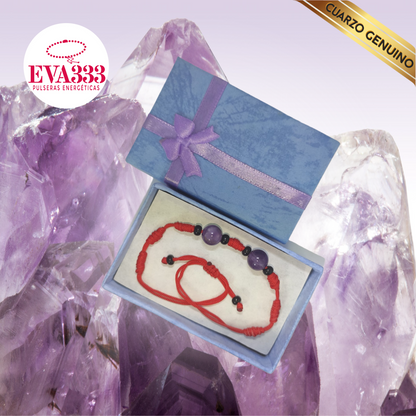 Pulsera Hilo Rojo 7 Nudos 2 Cuarzo Amatista (6 Chaquira Negra)