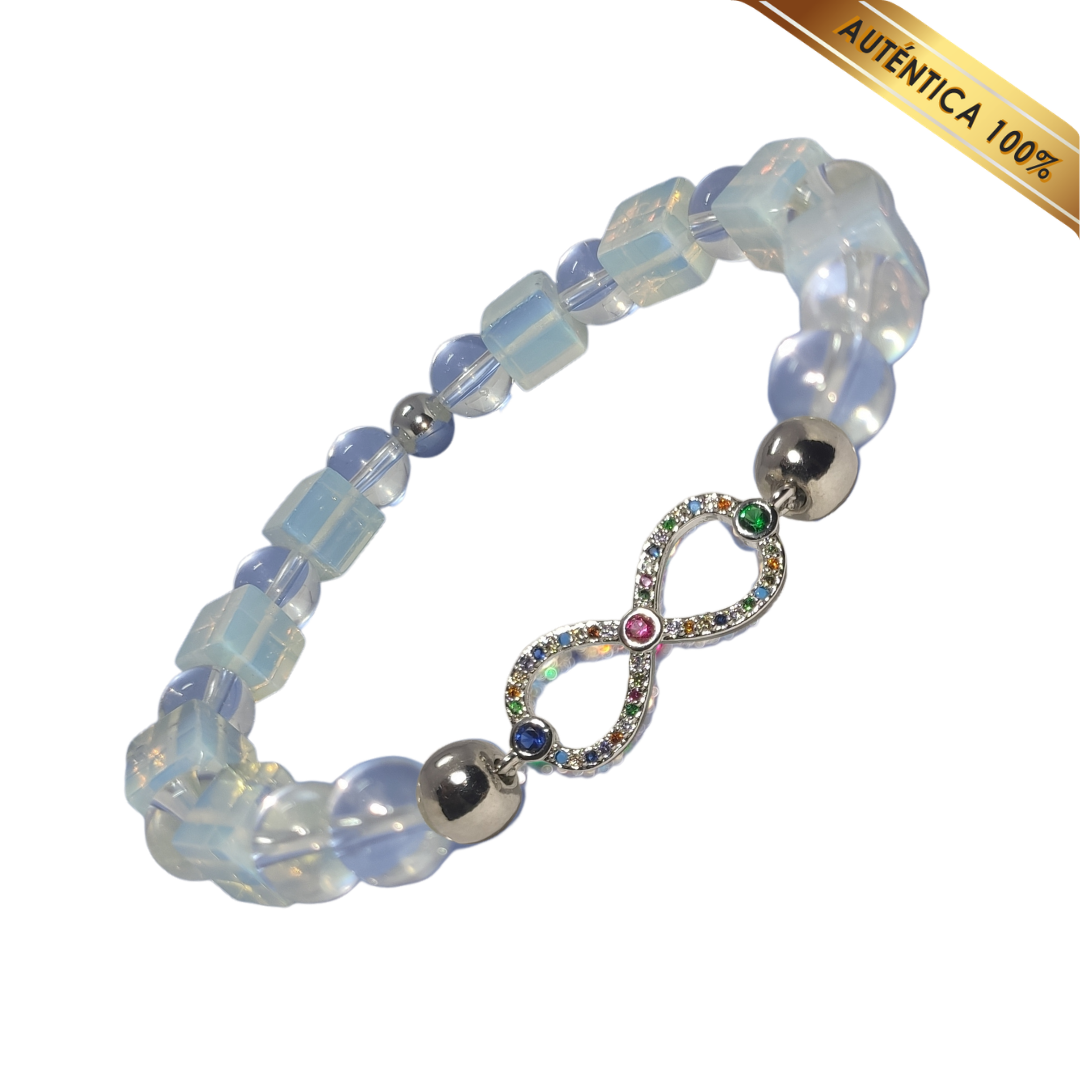 B- Pulsera Piedra Luna (Tallado en Cubo) y Cuarzo Cristal (Redondo) N° 10 - Dije Infinito Color Plateado