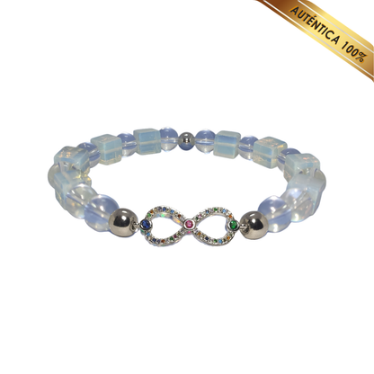 B- Pulsera Piedra Luna (Tallado en Cubo) y Cuarzo Cristal (Redondo) N° 10 - Dije Infinito Color Plateado