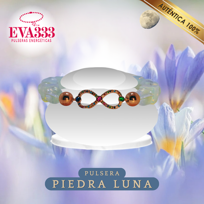 B- Pulsera Piedra Luna (Tallado en Cubo) y Cuarzo Cristal (Redondo) N° 10 - Dije Infnito Color Cobre