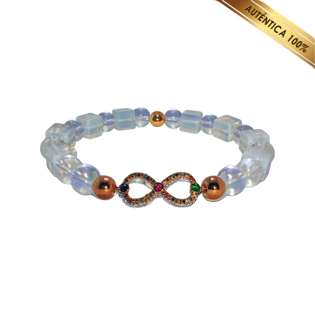 B- Pulsera Piedra Luna (Tallado en Cubo) y Cuarzo Cristal (Redondo) N° 10 - Dije Infnito Color Cobre