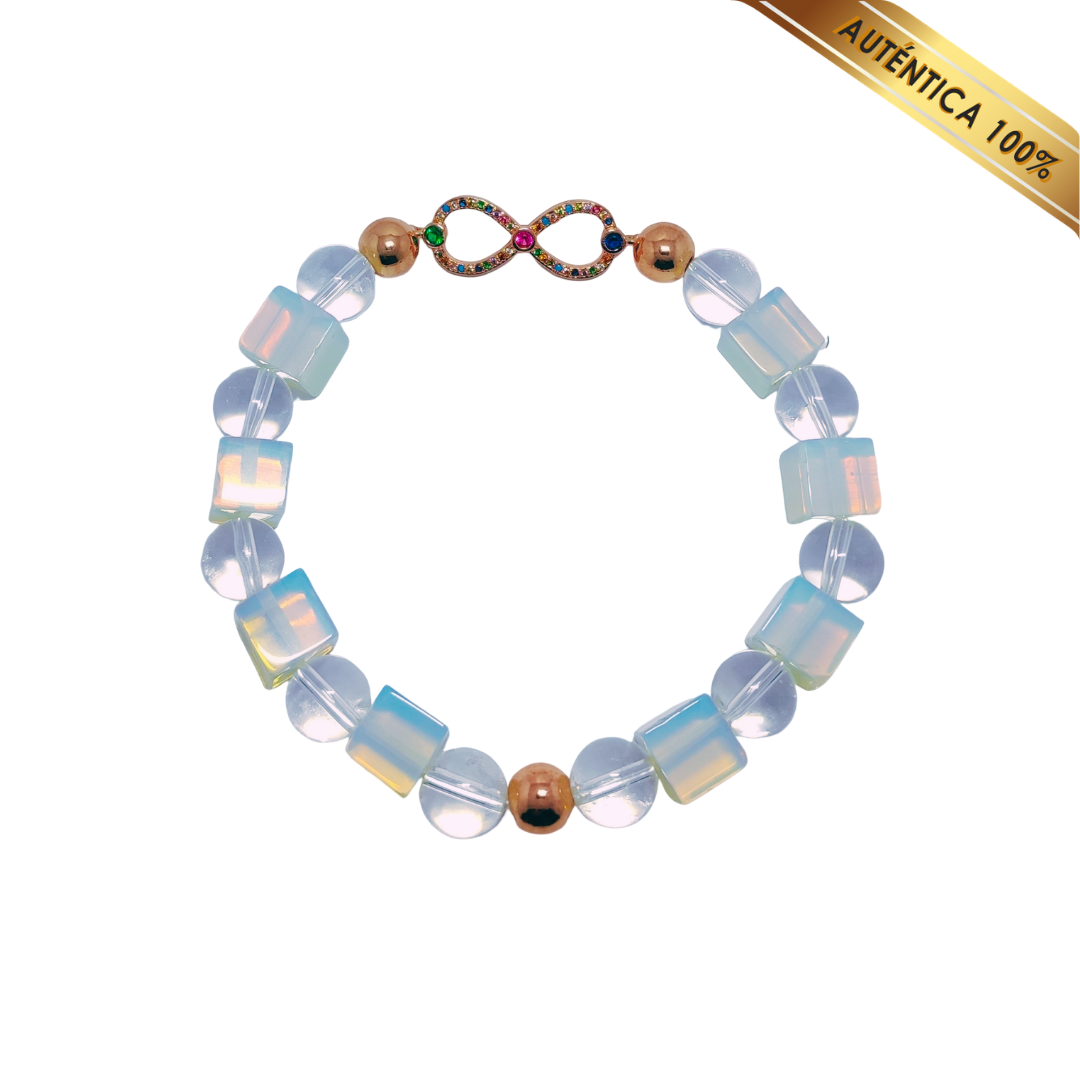 B- Pulsera Piedra Luna (Tallado en Cubo) y Cuarzo Cristal (Redondo) N° 10 - Dije Infnito Color Cobre