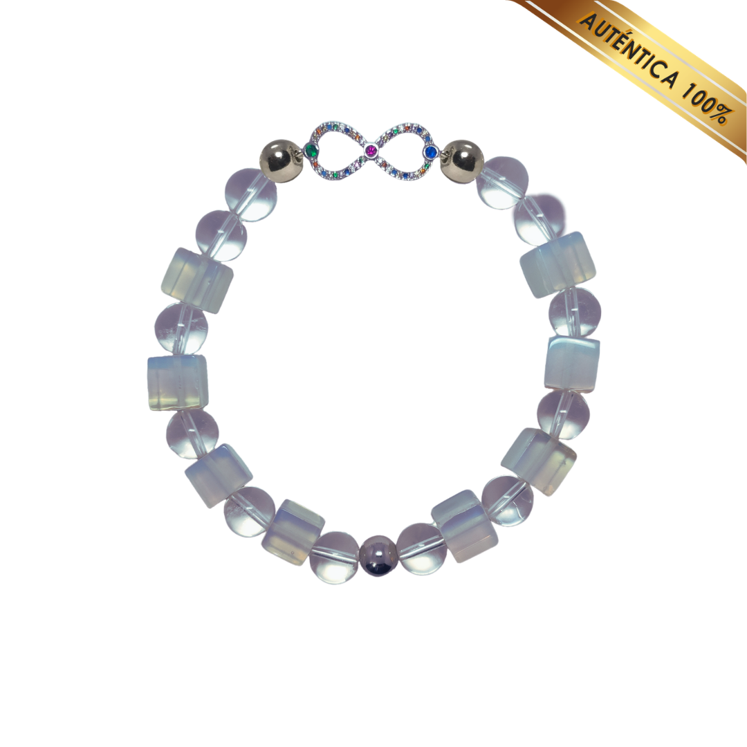 B- Pulsera Piedra Luna (Tallado en Cubo) y Cuarzo Cristal (Redondo) N° 10 - Dije Infinito Color Plateado