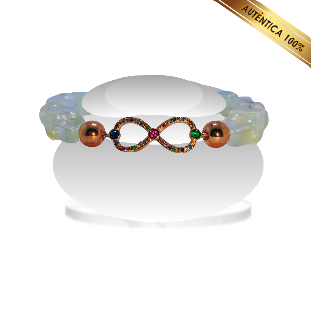 B- Pulsera Piedra Luna (Tallado en Cubo) y Cuarzo Cristal (Redondo) N° 10 - Dije Infnito Color Cobre