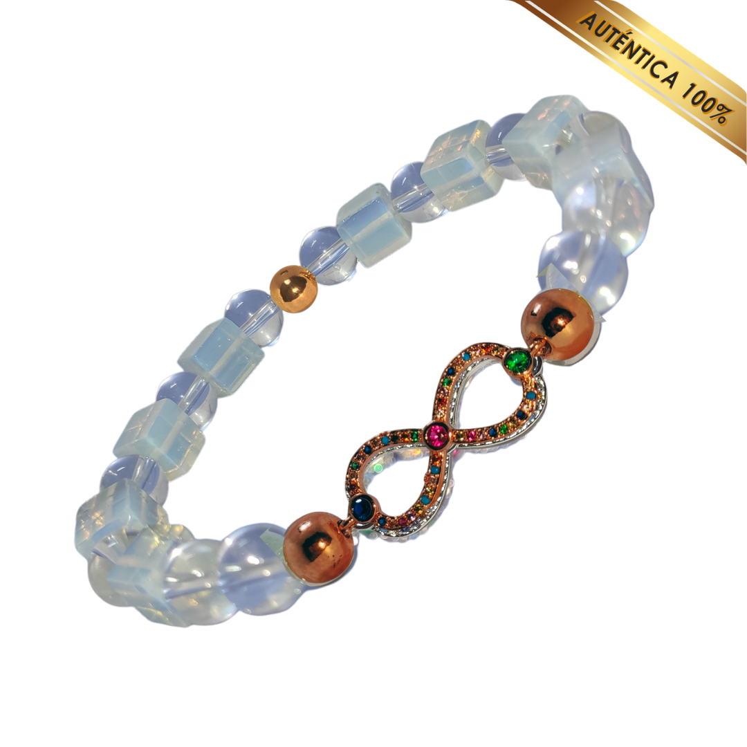 B- Pulsera Piedra Luna (Tallado en Cubo) y Cuarzo Cristal (Redondo) N° 10 - Dije Infnito Color Cobre