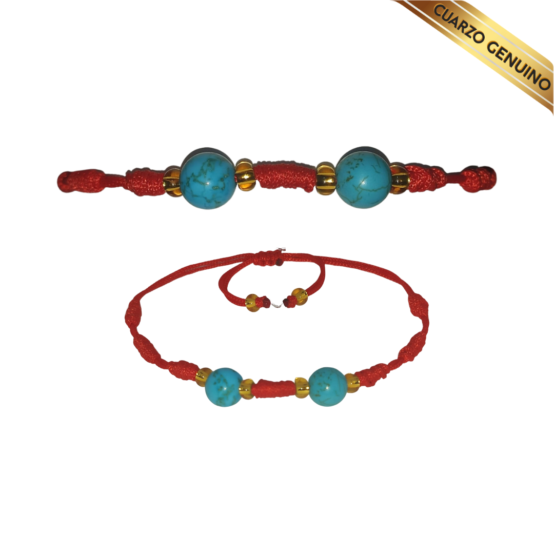 Pulsera Hilo Rojo 7 Nudos 2 Cuarzo Turquesa (6 Chaquira Dorada)