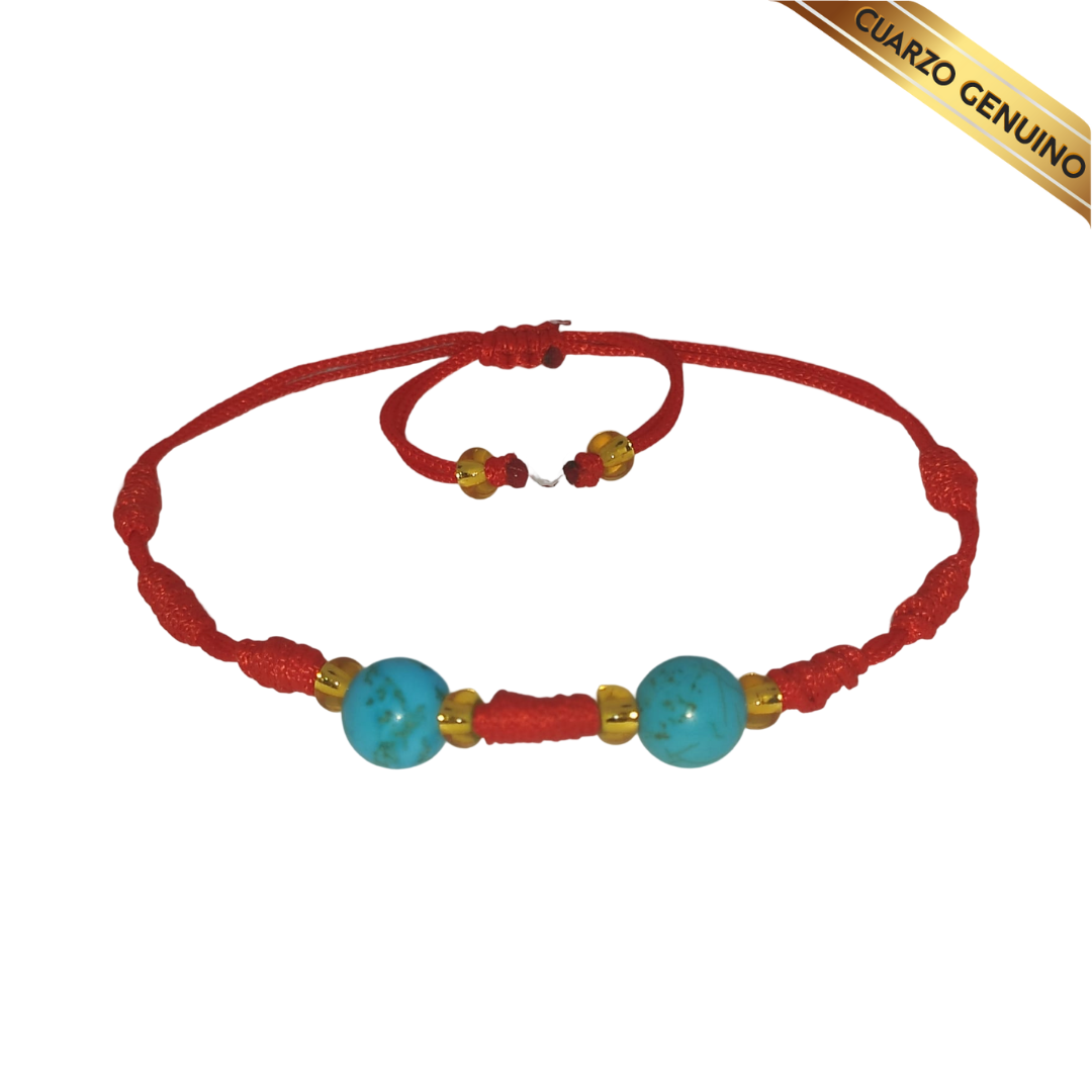 Pulsera Hilo Rojo 7 Nudos 2 Cuarzo Turquesa (6 Chaquira Dorada)