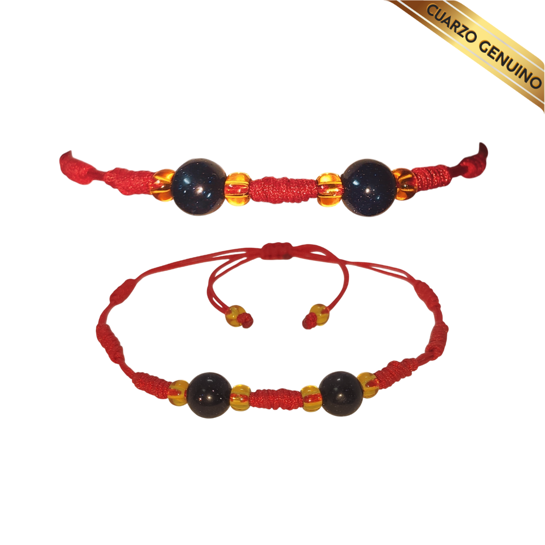 Pulsera Hilo Rojo 7 Nudos 2 Cuarzo Aventurina Azul (6 Chaquira Dorada)