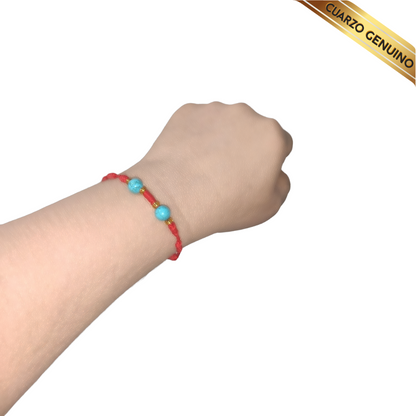 Pulsera Hilo Rojo 7 Nudos 2 Cuarzo Turquesa (6 Chaquira Dorada)