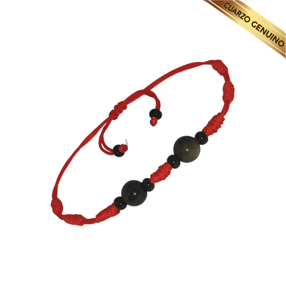 Pulsera Hilo Rojo 7 Nudos 2 Cuarzo Obsidiana Negra (6 Chaquira Negra)