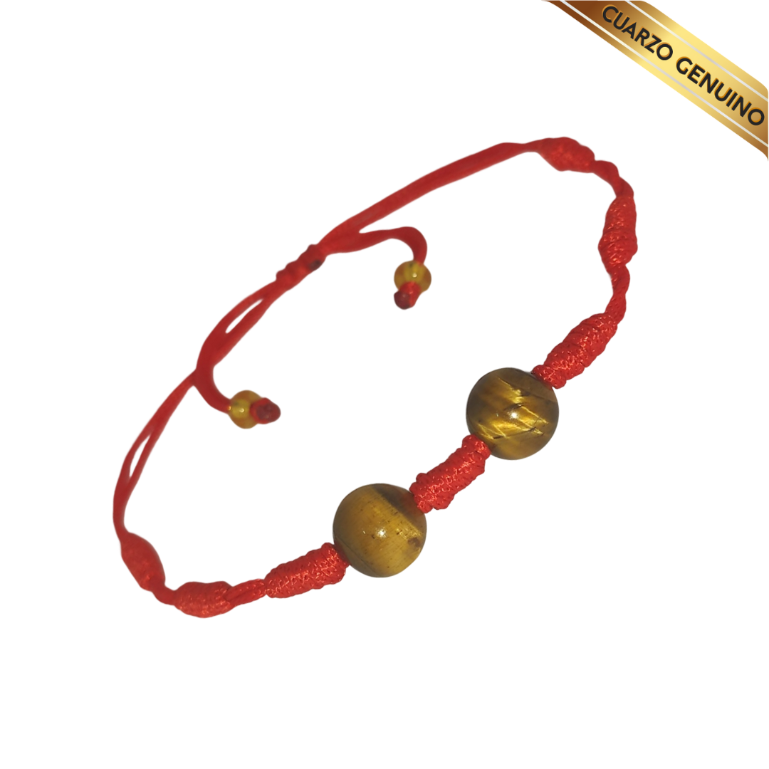 Pulsera Hilo Rojo 7 Nudos 2 Cuarzo Ojo de Tigre (2 Chaquira Dorada)