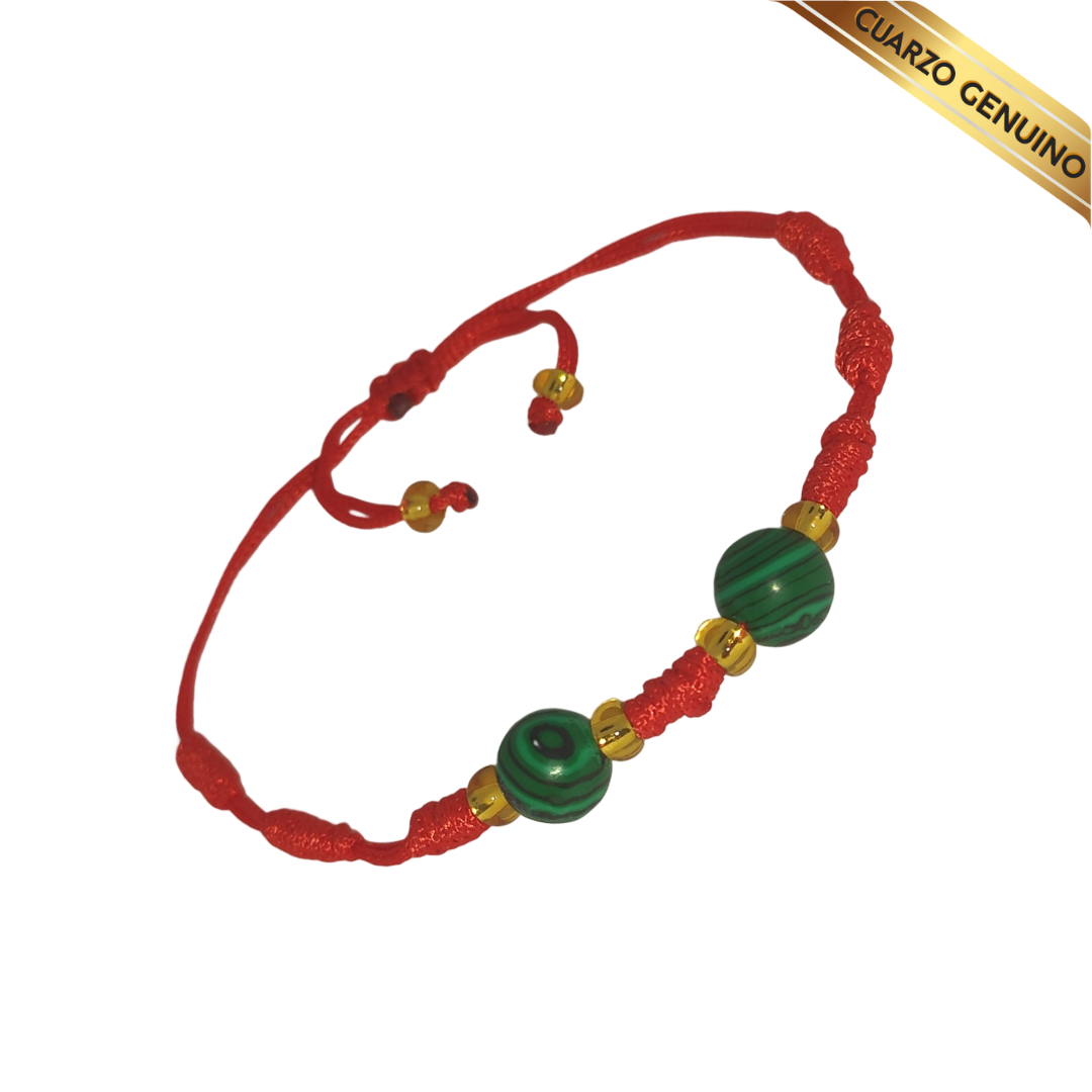 Pulsera Hilo Rojo 7 Nudos 2 Cuarzo Malaquita (6 Chaquira Dorada)