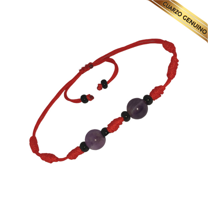Pulsera Hilo Rojo 7 Nudos 2 Cuarzo Amatista (6 Chaquira Negra)