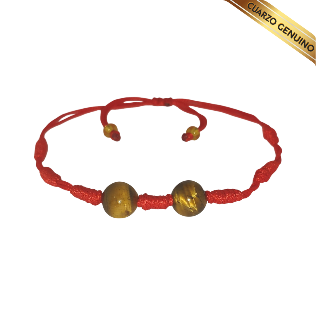 Pulsera Hilo Rojo 7 Nudos 2 Cuarzo Ojo de Tigre (2 Chaquira Dorada)