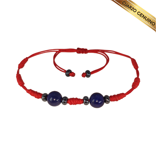 Pulsera Hilo Rojo 7 Nudos 2 Cuarzo Lapislázuli (6 Chaquira Plomo)