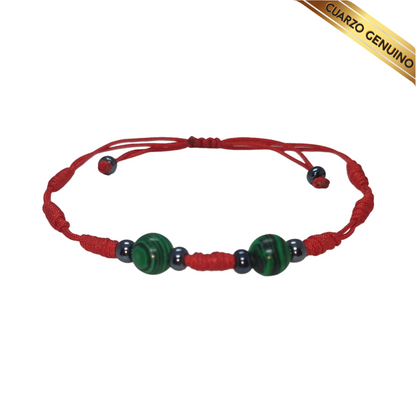 Pulsera Hilo Rojo 7 Nudos 2 Cuarzo Malaquita (6 Chaquira Negra)